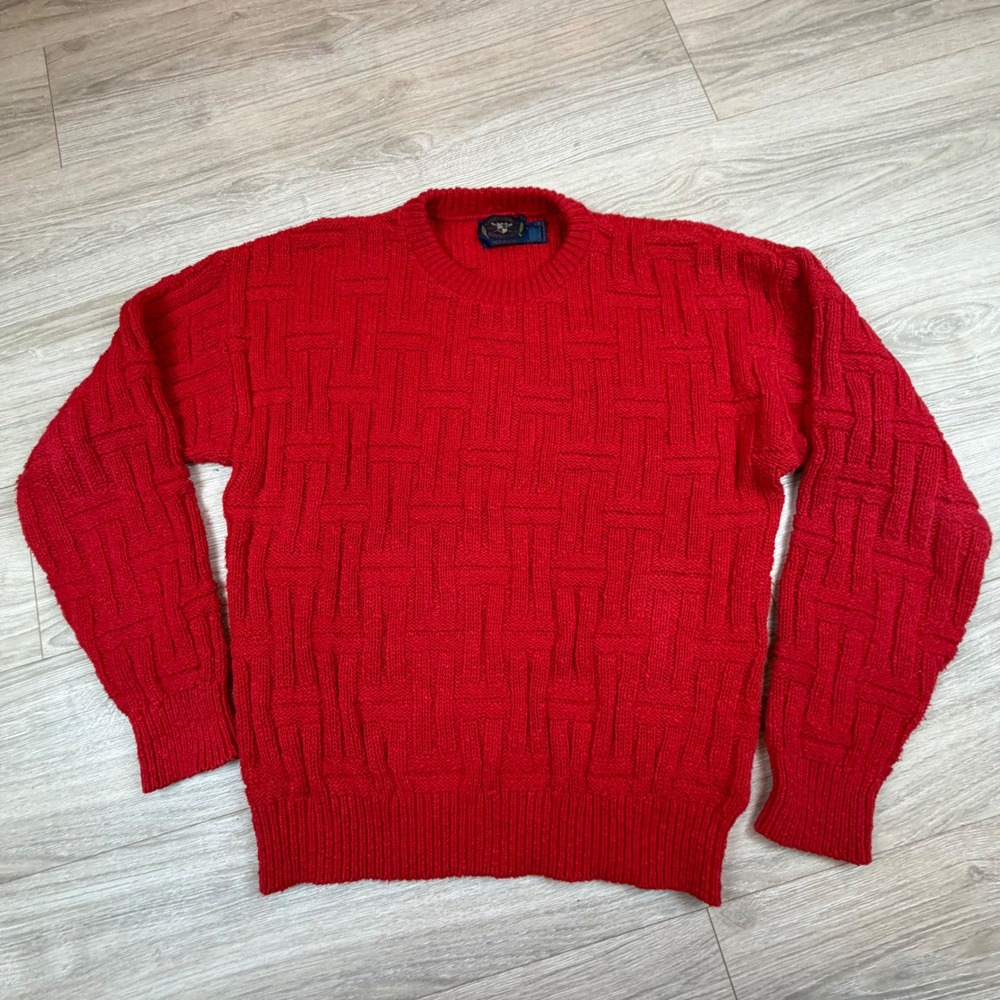 Vintage Lake Harmony‎ Rowing Club Red Basketweave Cotton Sweater Mens L USA Made
